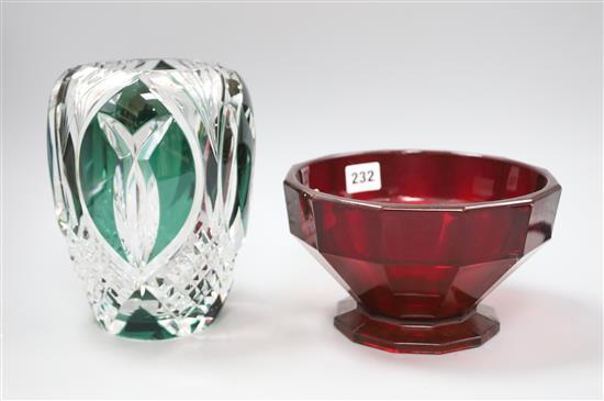 A ruby glass bowl and an overlaid green vase